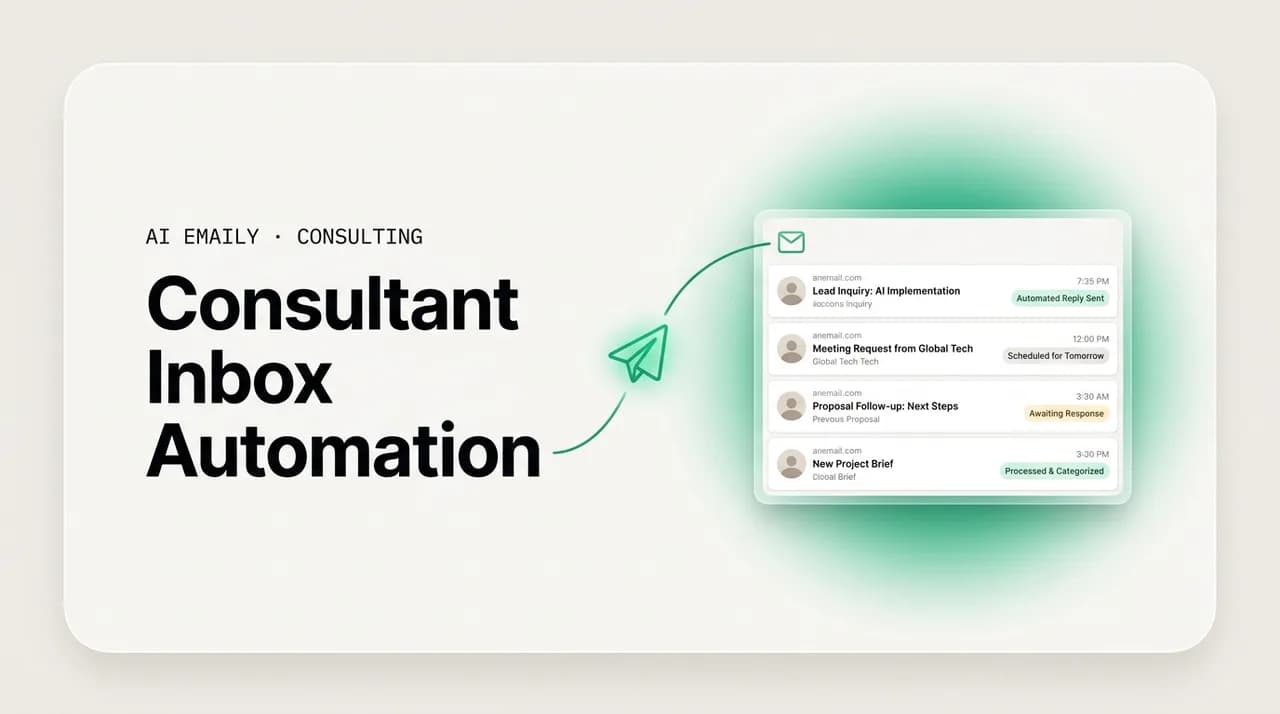AI Emaily blog cover for consultant inbox automation, showing an inbox that never lets a lead go cold