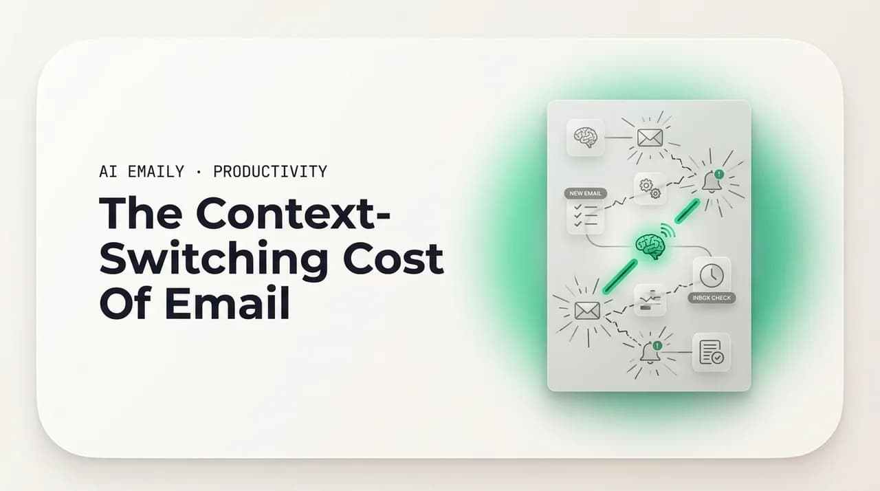 AI Emaily blog cover for the context-switching cost of email, showing each inbox check taxing focus