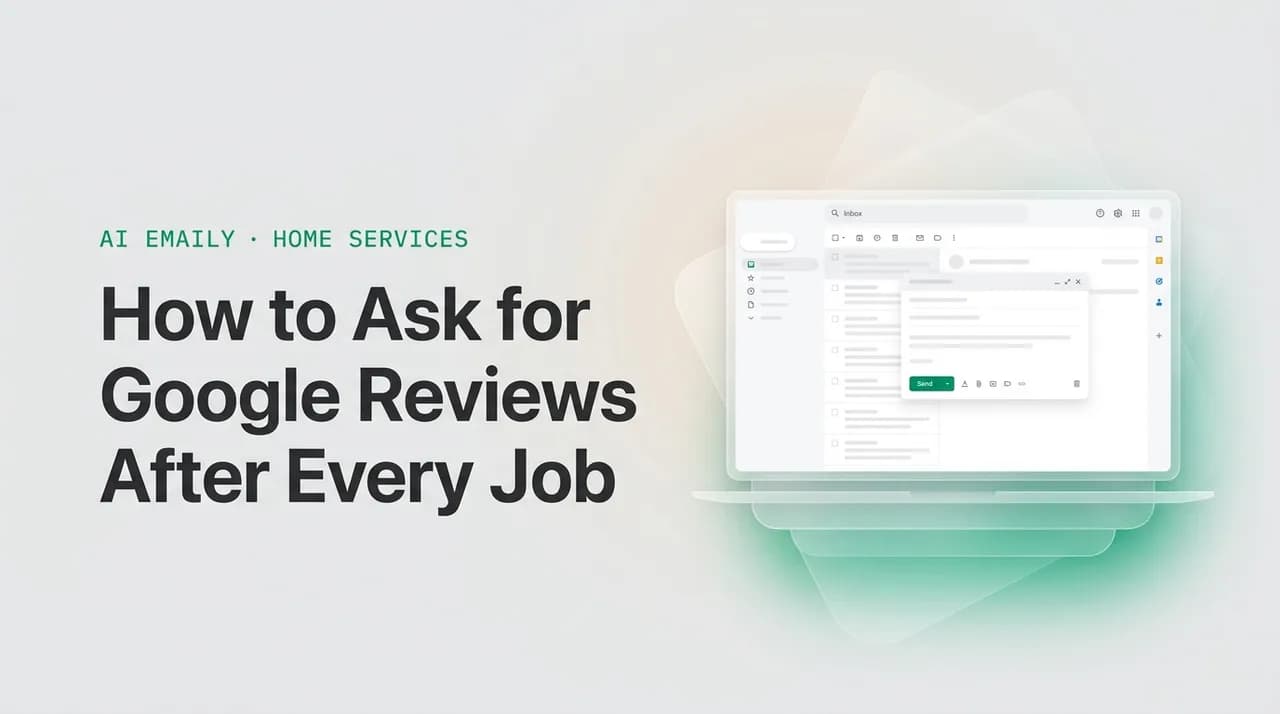 AI Emaily blog cover for how to ask for Google reviews contractor, showing an AI email client on a laptop with the headline How to Ask for Google Reviews After Every Job