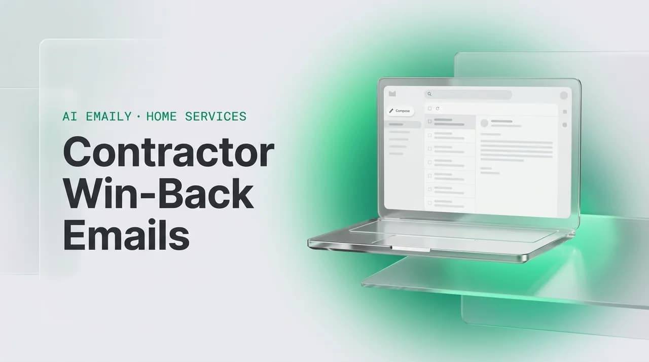 AI Emaily blog cover for contractor customer reactivation email, showing an AI email client on a laptop with the headline Contractor Win-Back Emails