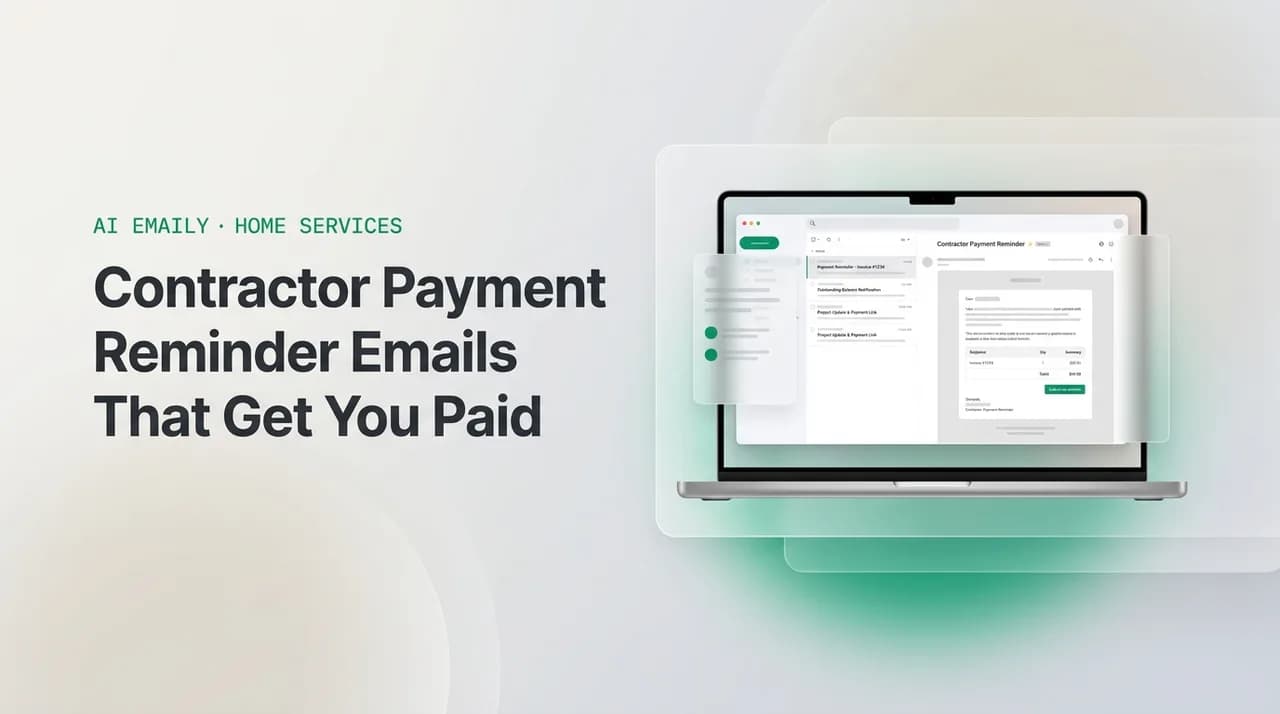 AI Emaily blog cover for contractor payment reminder email template, showing an AI email client on a laptop with the headline Contractor Payment Reminder Emails That Get You Paid