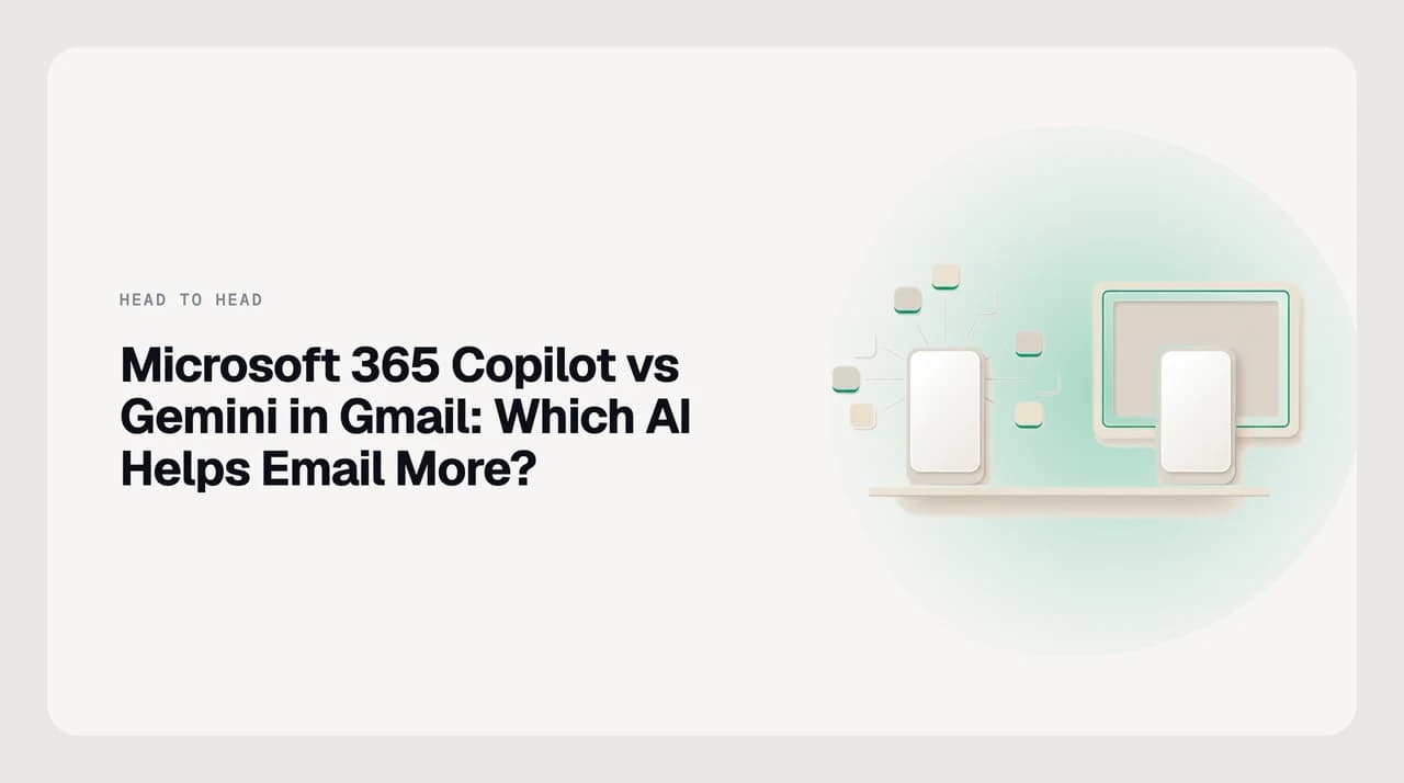 Two inbox panels side by side — one showing an Outlook thread with a Copilot summary panel and numbered citations, the other showing a Gmail thread with a Gemini drafting sidebar — representing the Microsoft vs Google email AI comparison