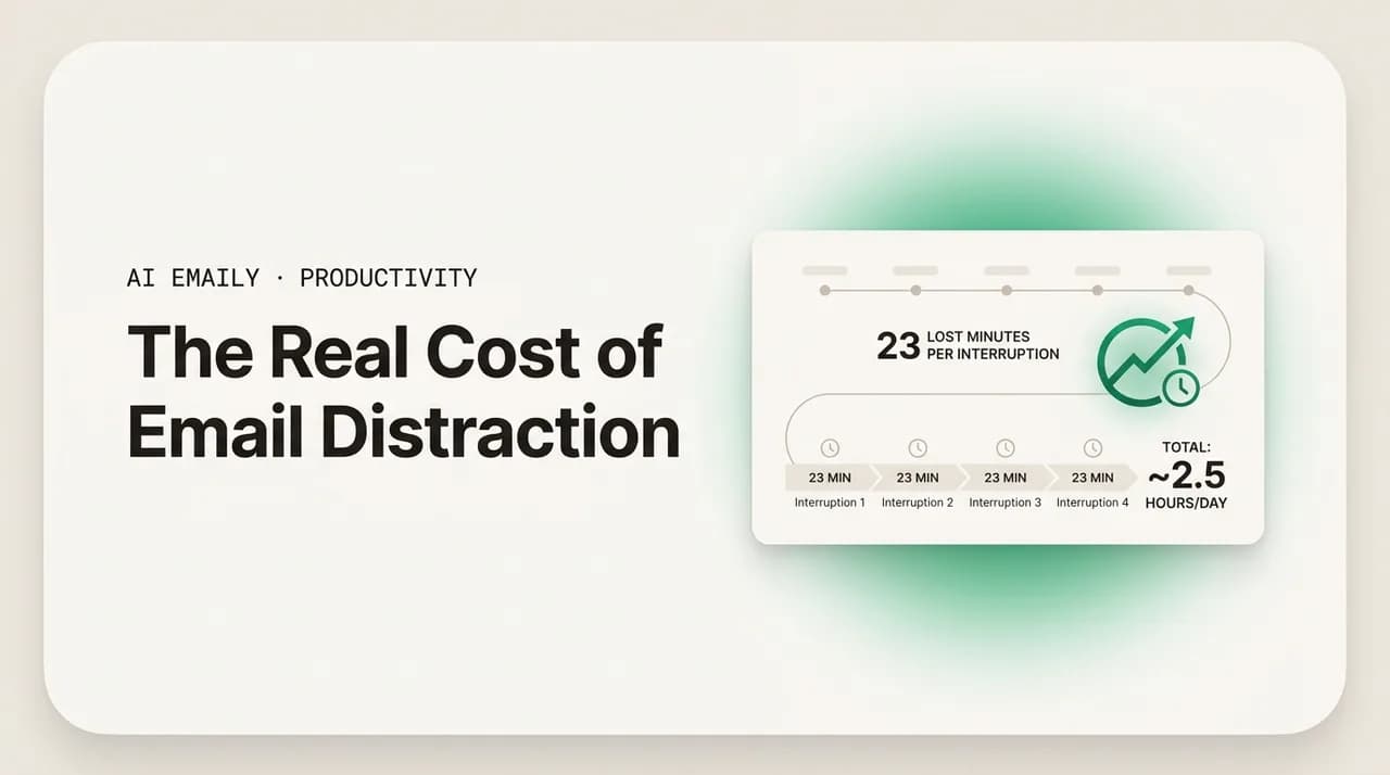 AI Emaily blog cover for the cost of email distraction, showing 23 lost minutes per interruption adding up