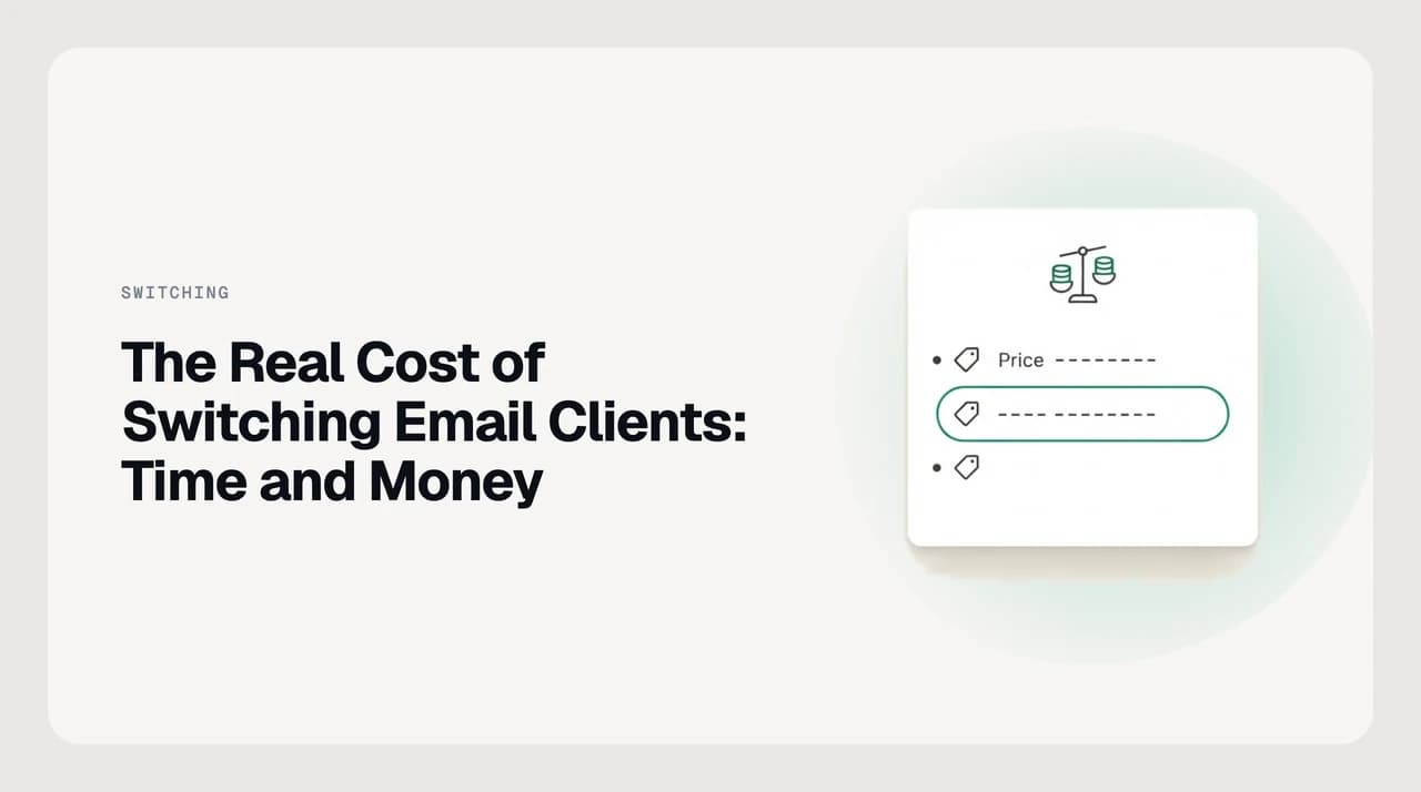 A ledger-style illustration weighing the time cost and money cost of switching email clients against each other