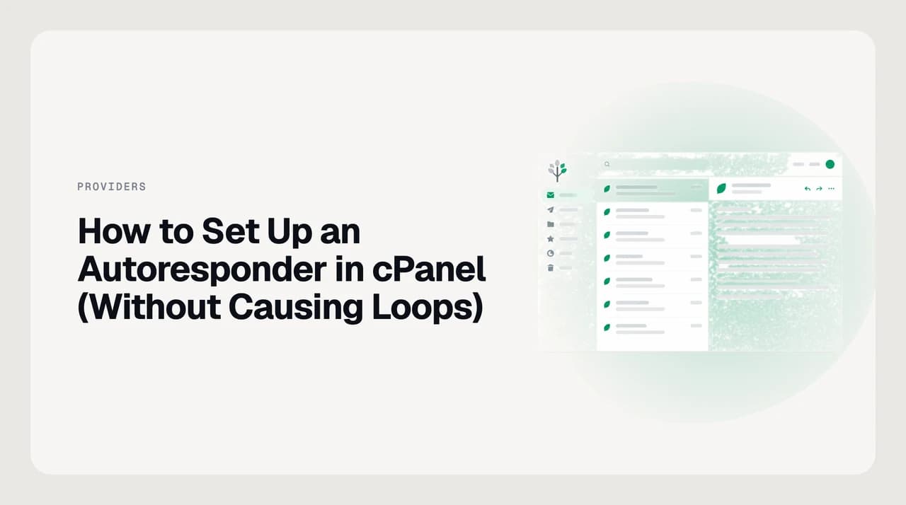 Diagram of a cPanel autoresponder: an incoming message triggers one automatic reply, and an interval timer blocks repeat replies to the same sender.