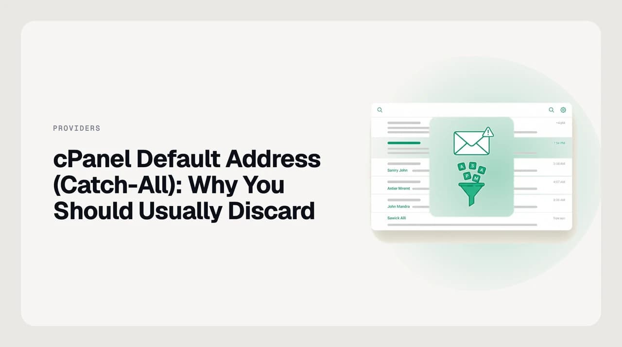 Diagram of a cPanel domain's default address catching mail sent to invalid addresses before routing it to a mailbox