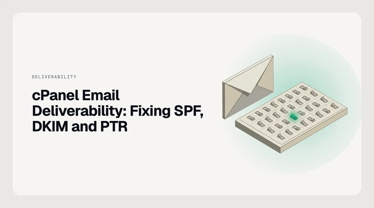 AI Emaily blog cover for fixing cPanel email deliverability, showing the SPF, DKIM and reverse DNS (PTR) status panels in cPanel's Email Deliverability interface with a Repair action