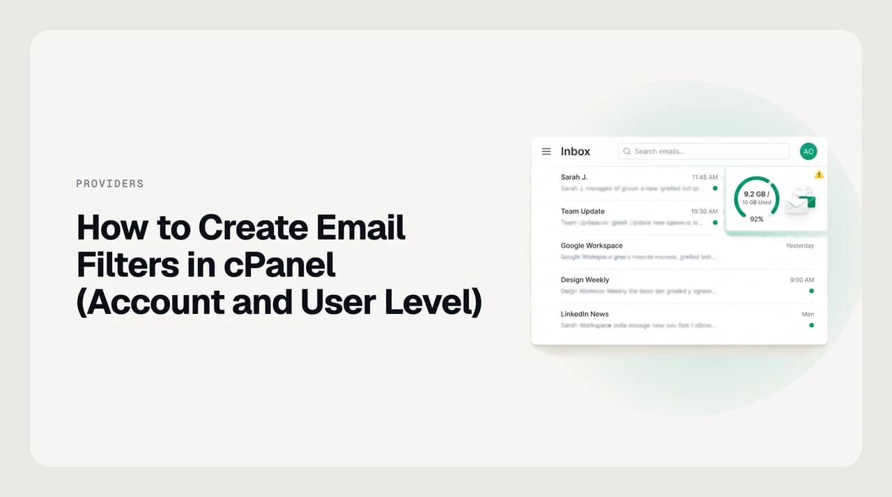 Diagram showing a cPanel global email filter applying to every mailbox on a domain, while a user-level filter applies to one mailbox only