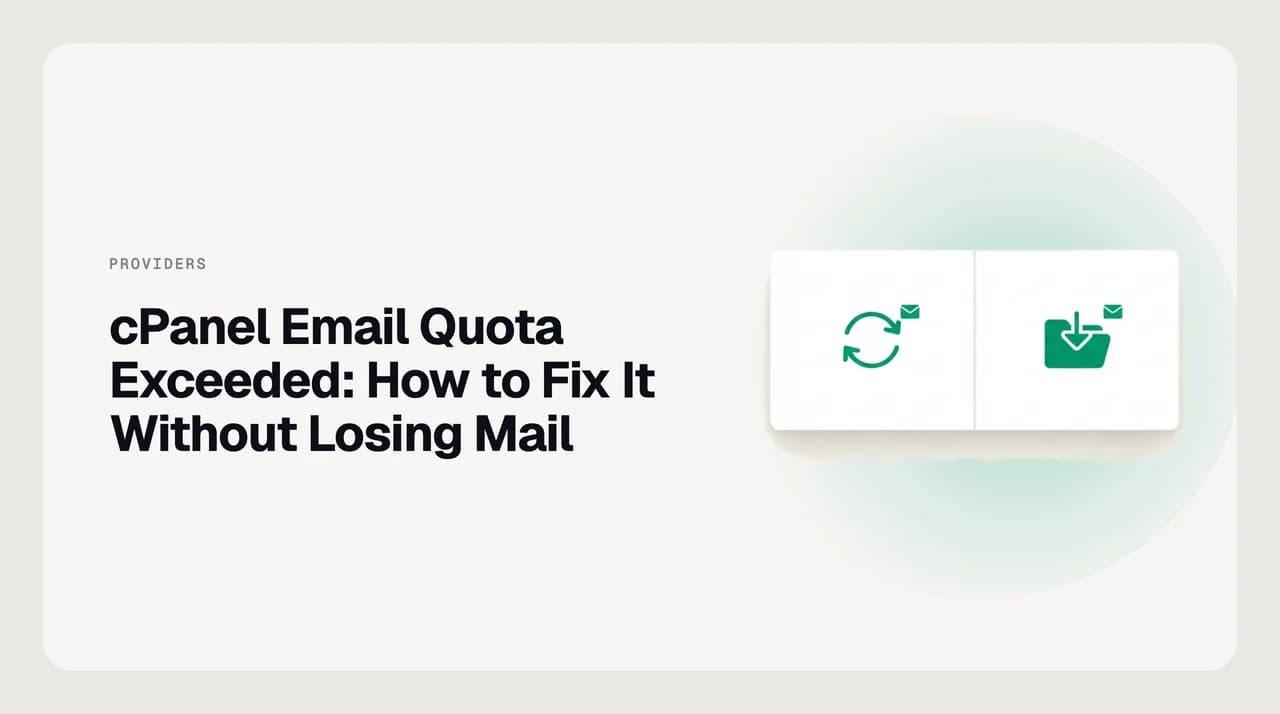 Diagram of a cPanel mailbox filling past its storage quota and incoming mail bouncing back to the sender