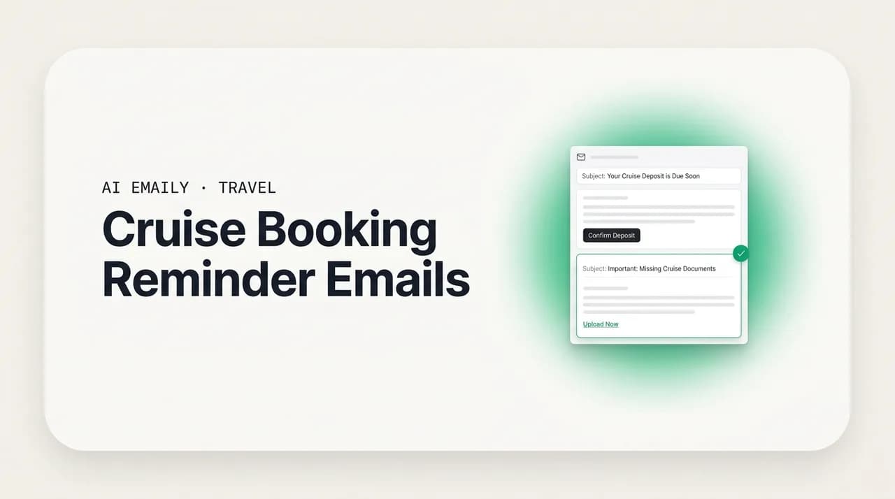 AI Emaily blog cover for cruise booking reminder emails, showing automated deposit and document reminders