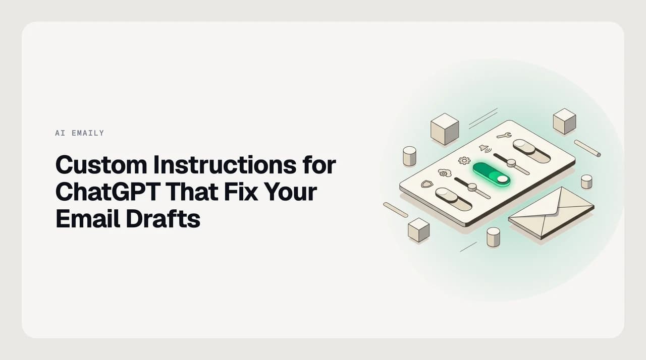 Diagram of four ChatGPT custom instruction elements for email writing: role definition, register setting, banned phrases list, and missing-facts protocol