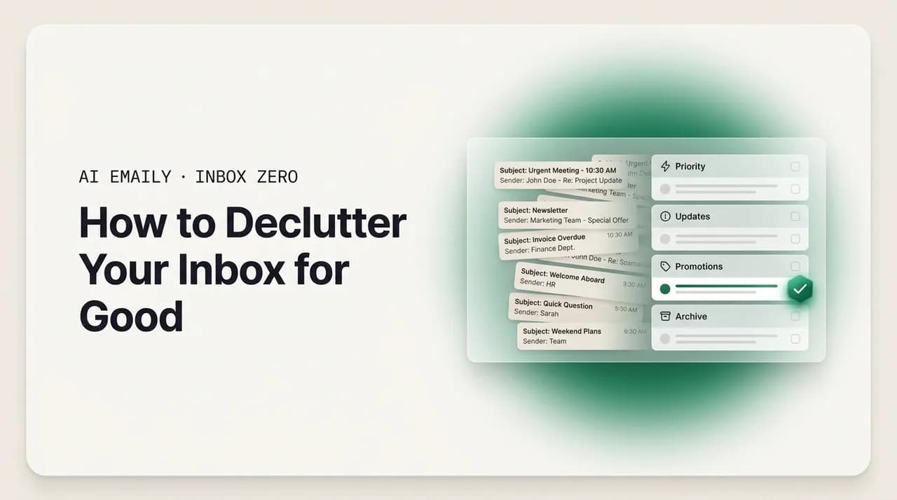 AI Emaily blog cover for how to declutter your inbox, showing a cluttered inbox tidied into neat rows