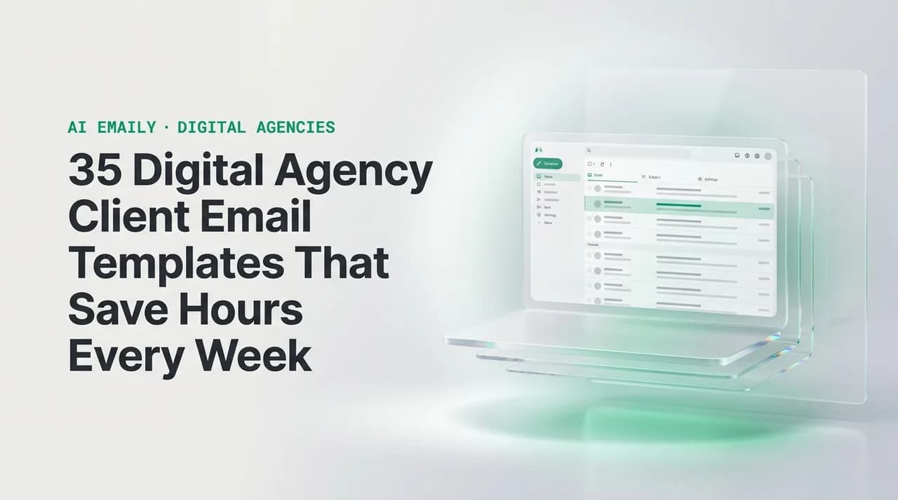 AI Emaily blog cover for digital agency client email templates, showing an AI email client on a laptop with the headline 35 Digital Agency Client Email Templates That Save Hours Every Week