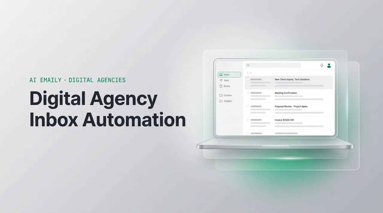 AI Emaily blog cover for digital agency inbox automation, showing an AI email client on a laptop with the headline Digital Agency Inbox Automation