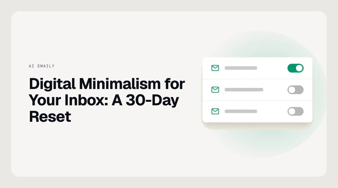 A cluttered inbox of mail icons narrowing down to a small, deliberate set — illustrating digital minimalism applied to email