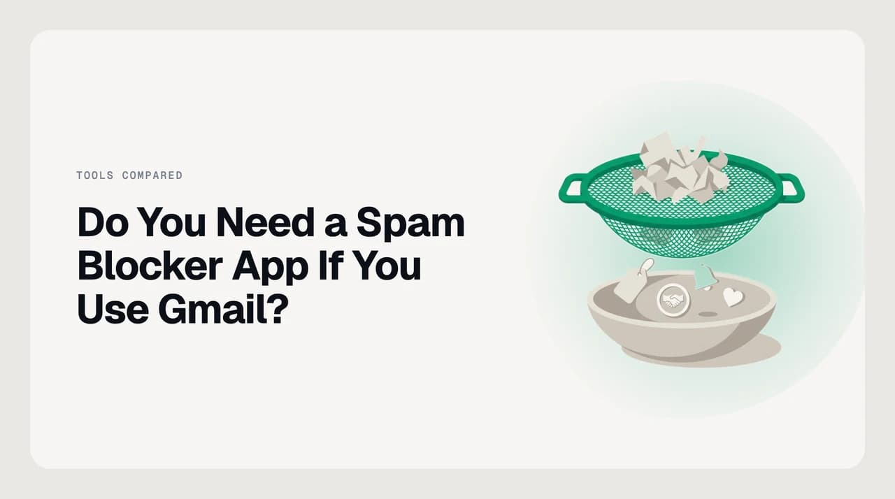 Illustration comparing Gmail's built-in spam filter to a third-party spam blocker app, with a decision fork for personal Gmail users