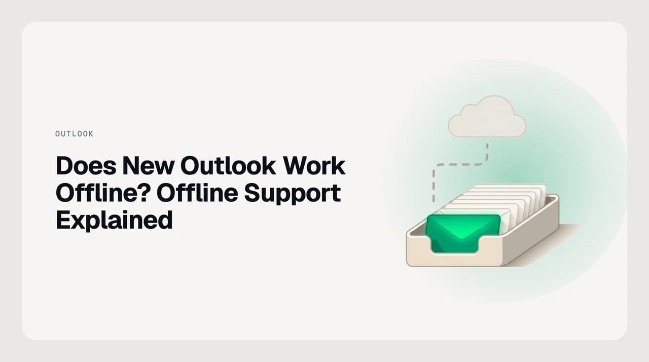 Illustration for does new Outlook work offline: a laptop showing a mail list with a disconnected network symbol, and only a recent slice of messages available locally