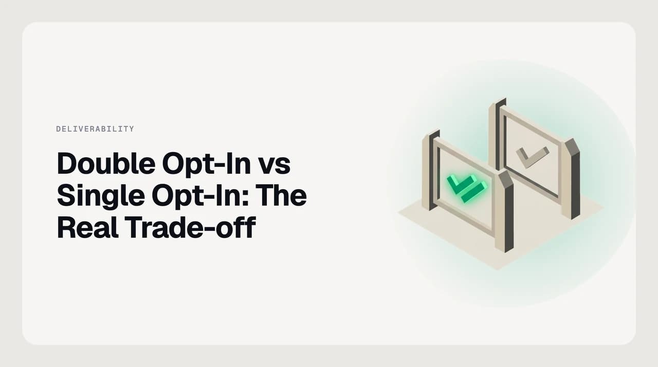 Diagram comparing double opt-in vs single opt-in email signup flows, showing the extra confirmation click that filters typos and spam traps