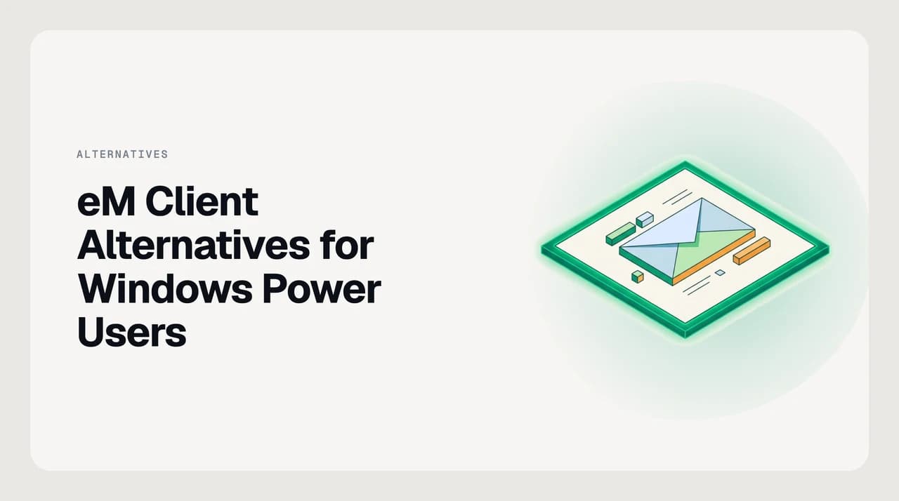 eM Client alternatives for Windows power users — eight desktop email clients ranked as option cards, with the top card outlined in green