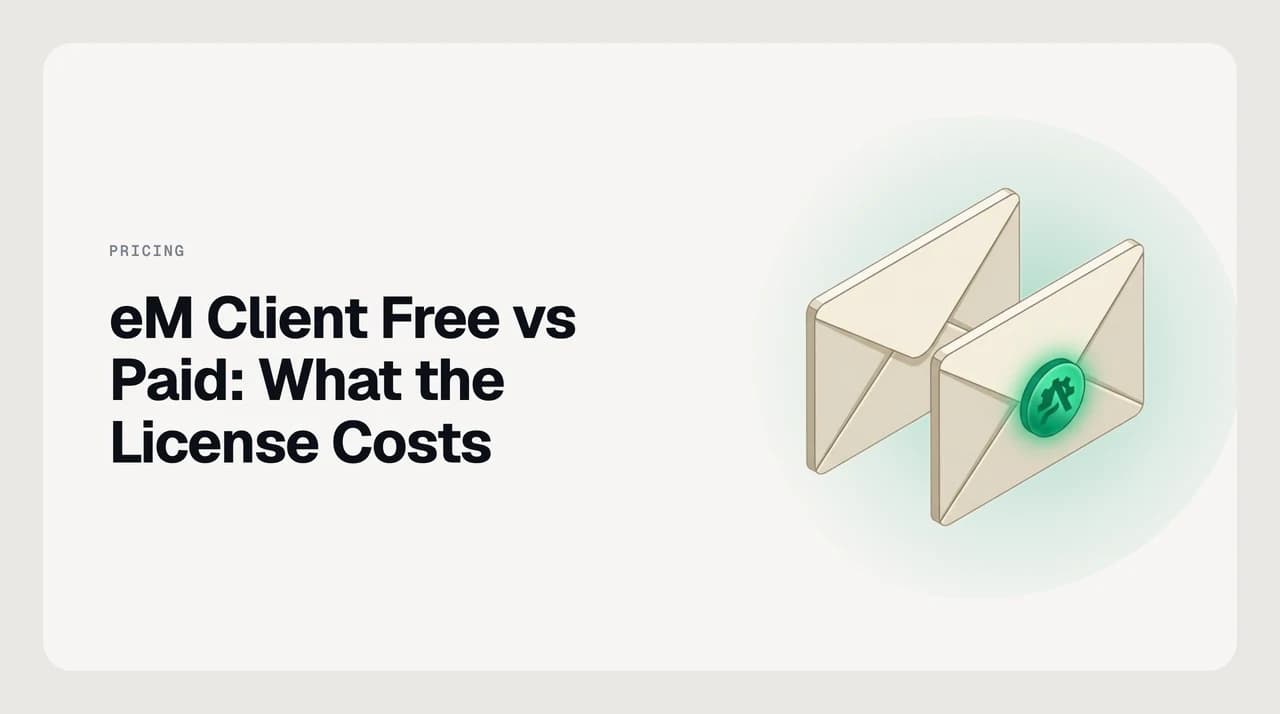 Illustration comparing the eM Client free vs paid license cost: a two-account, one-device free tier on one side and the Personal and Business paid licences on the other