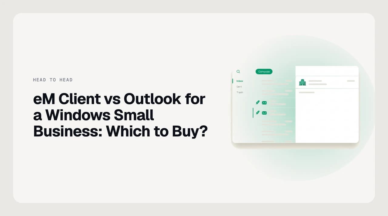 eM Client vs Outlook for a Windows small business, compared on Exchange support, shared mailboxes, licensing model and admin overhead