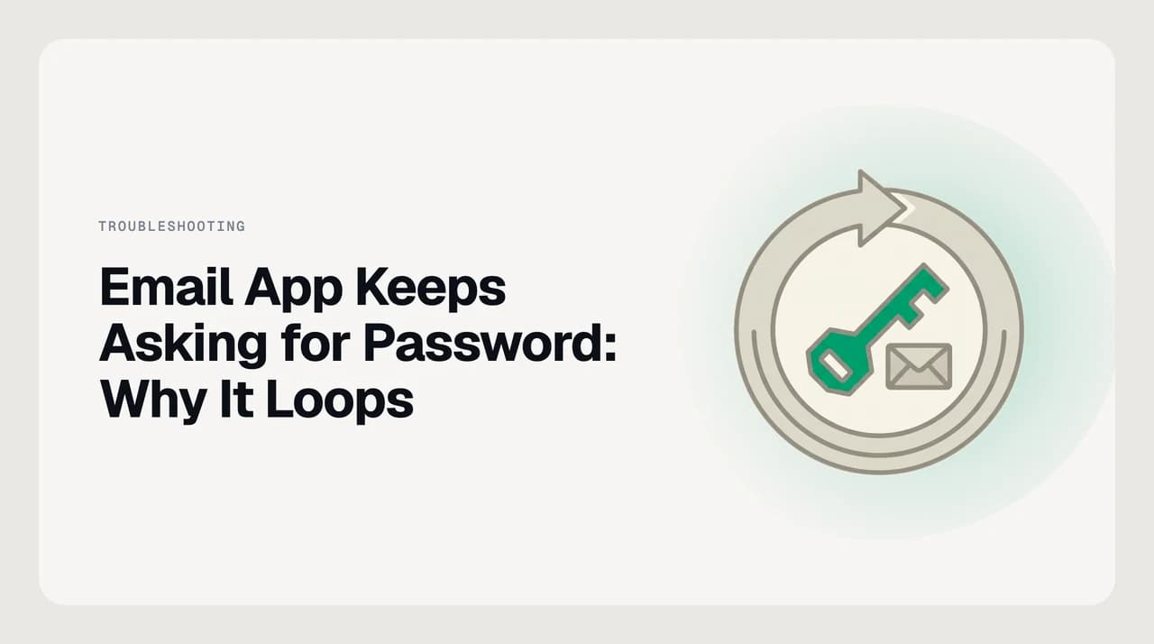 Email app keeps asking for password — illustration of a credential prompt loop cycling between a mail client and an authentication server