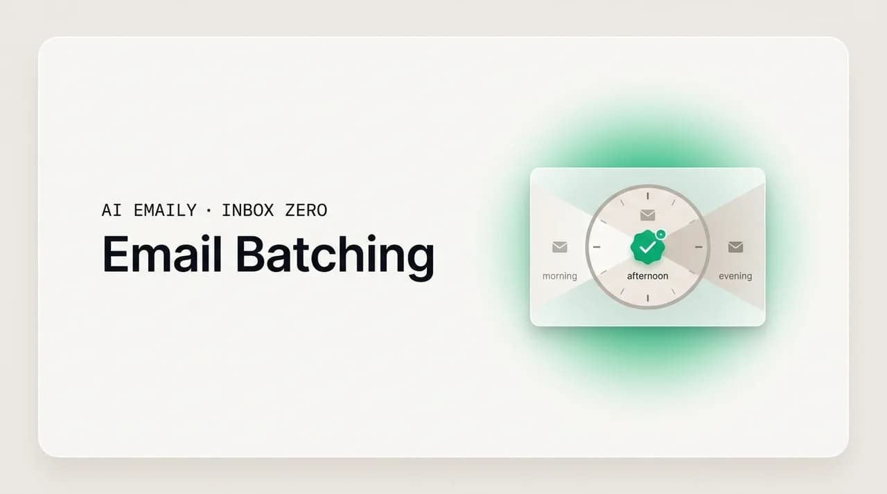 AI Emaily blog cover for email batching, showing three scheduled email-check windows in a day