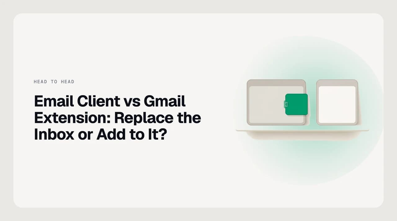 Split diagram contrasting a Gmail overlay extension adding a sidebar to the existing Gmail interface on the left with a standalone multi-account email client interface on the right