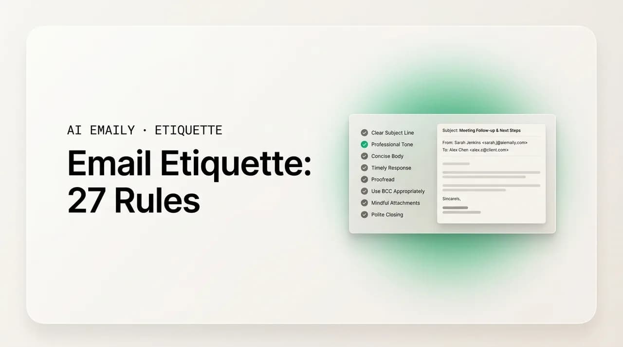AI Emaily blog cover for email etiquette, showing a checklist of professional etiquette rules