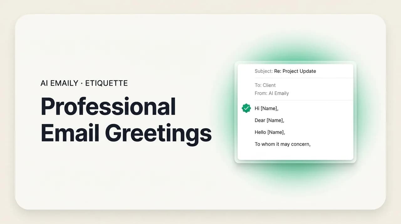 AI Emaily blog cover for email greetings, showing an email with professional greeting options