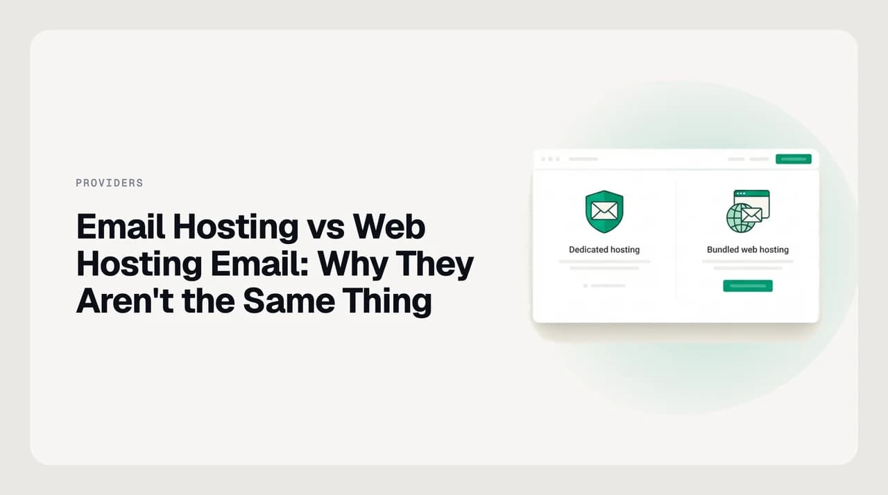 Email hosting vs web hosting email compared: a bundled website-and-mailbox server on one side, a dedicated email hosting platform on the other