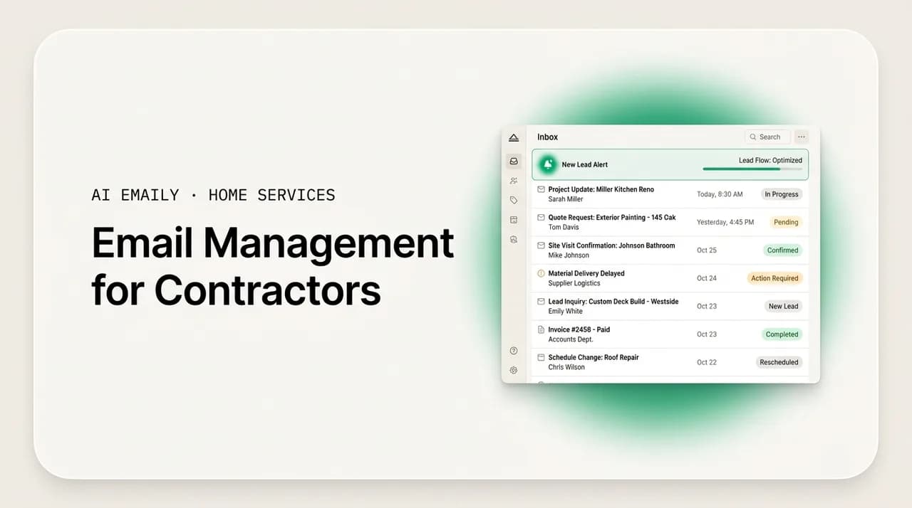 AI Emaily blog cover for email management for contractors, showing leads organized between jobsites