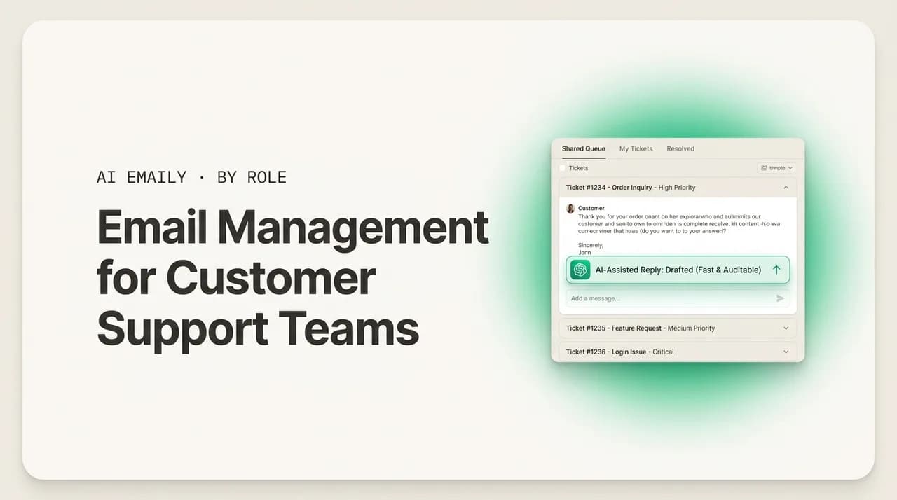 AI Emaily blog cover for email management for customer support teams, showing a shared support queue