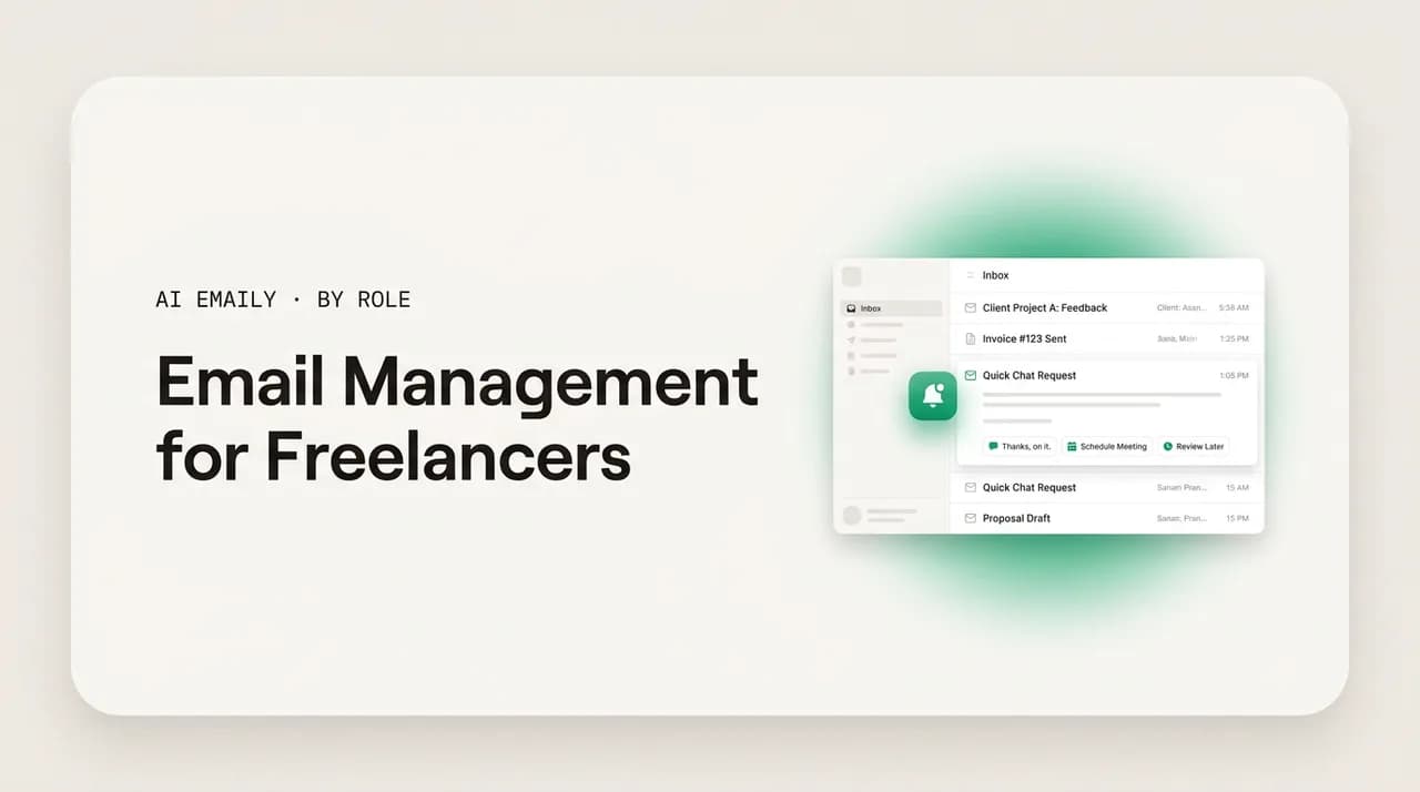 AI Emaily blog cover for email management for freelancers, showing a lean freelancer inbox