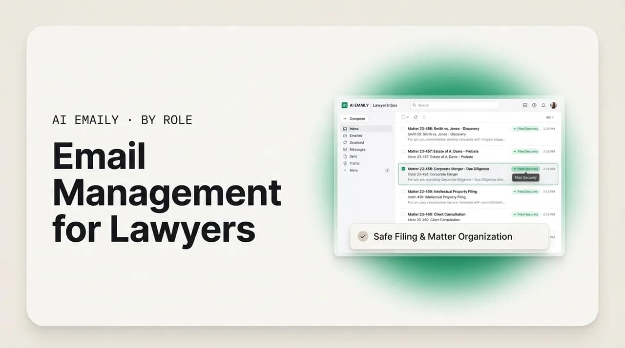 AI Emaily blog cover for email management for lawyers, showing a lawyer inbox organized by matter