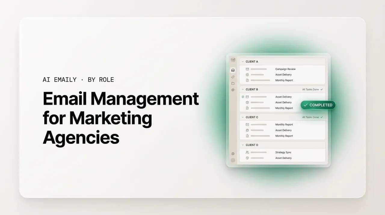 AI Emaily blog cover for email management for marketing agencies, showing an agency inbox with one lane per client