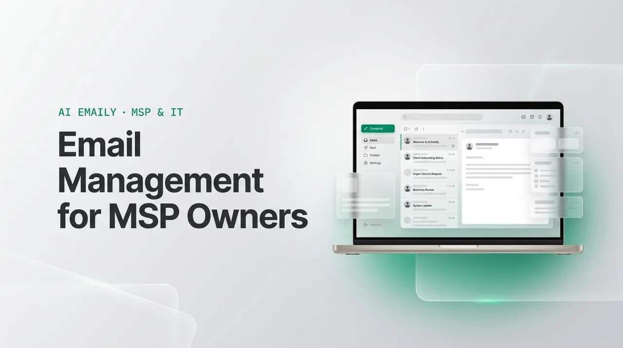 AI Emaily blog cover for email management for MSP owners, showing an AI email client on a laptop with the headline Email Management for MSP Owners
