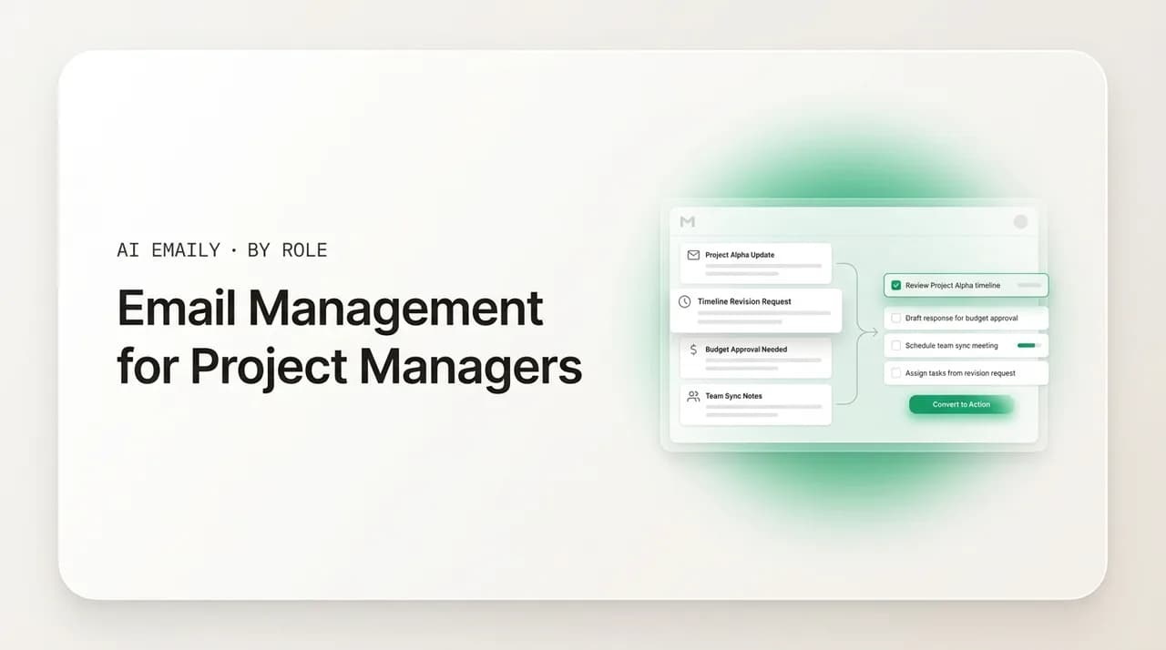 AI Emaily blog cover for email management for project managers, showing email threads turned into action items