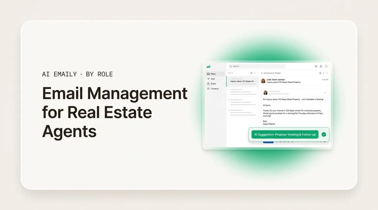 AI Emaily blog cover for email management for real estate agents, showing an agent inbox responding to leads first