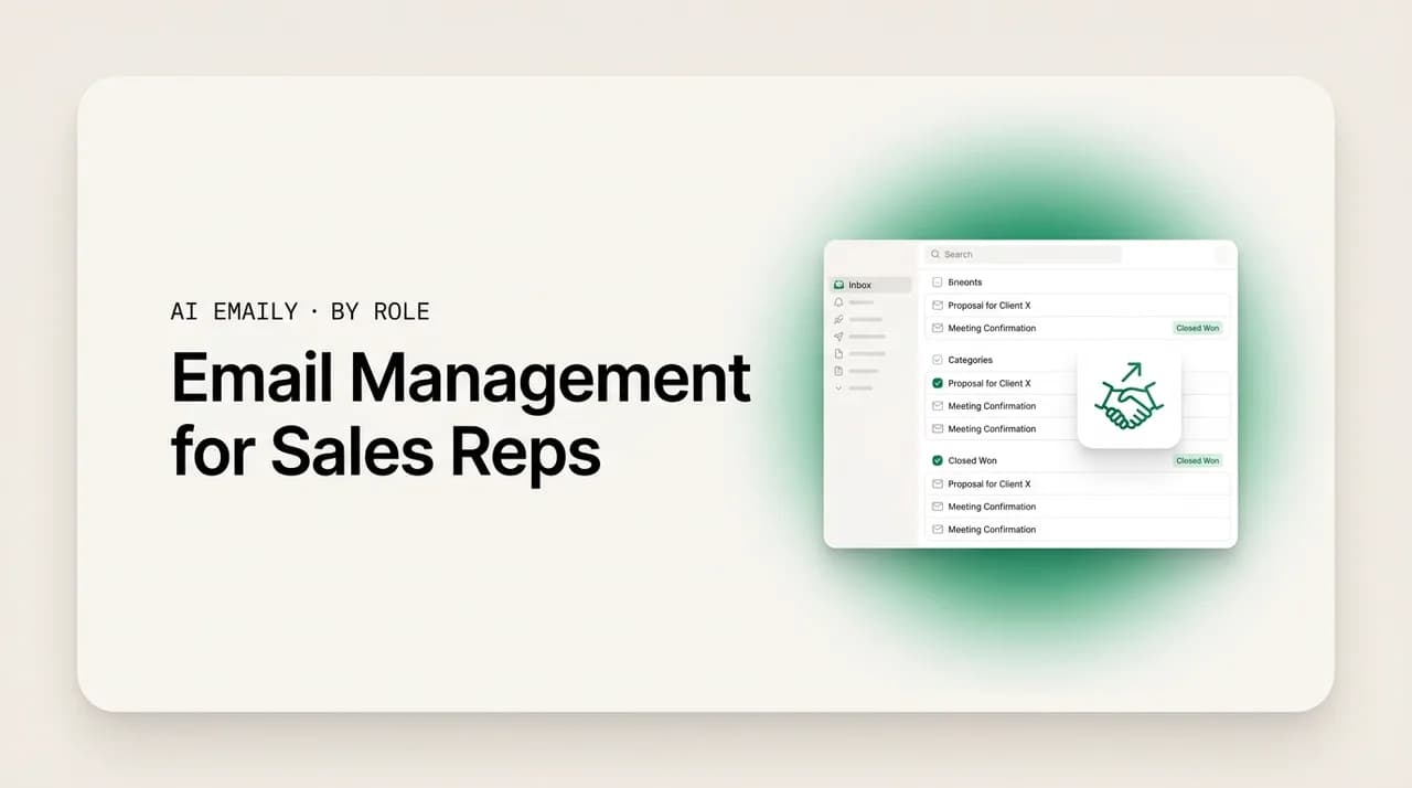 AI Emaily blog cover for email management for sales reps, showing a clean sales rep inbox for closing faster