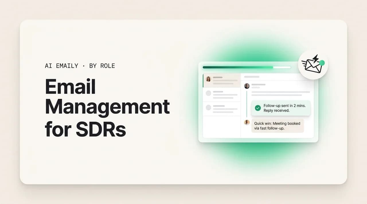 AI Emaily blog cover for email management for SDRs, showing an SDR inbox with fast reply follow-ups