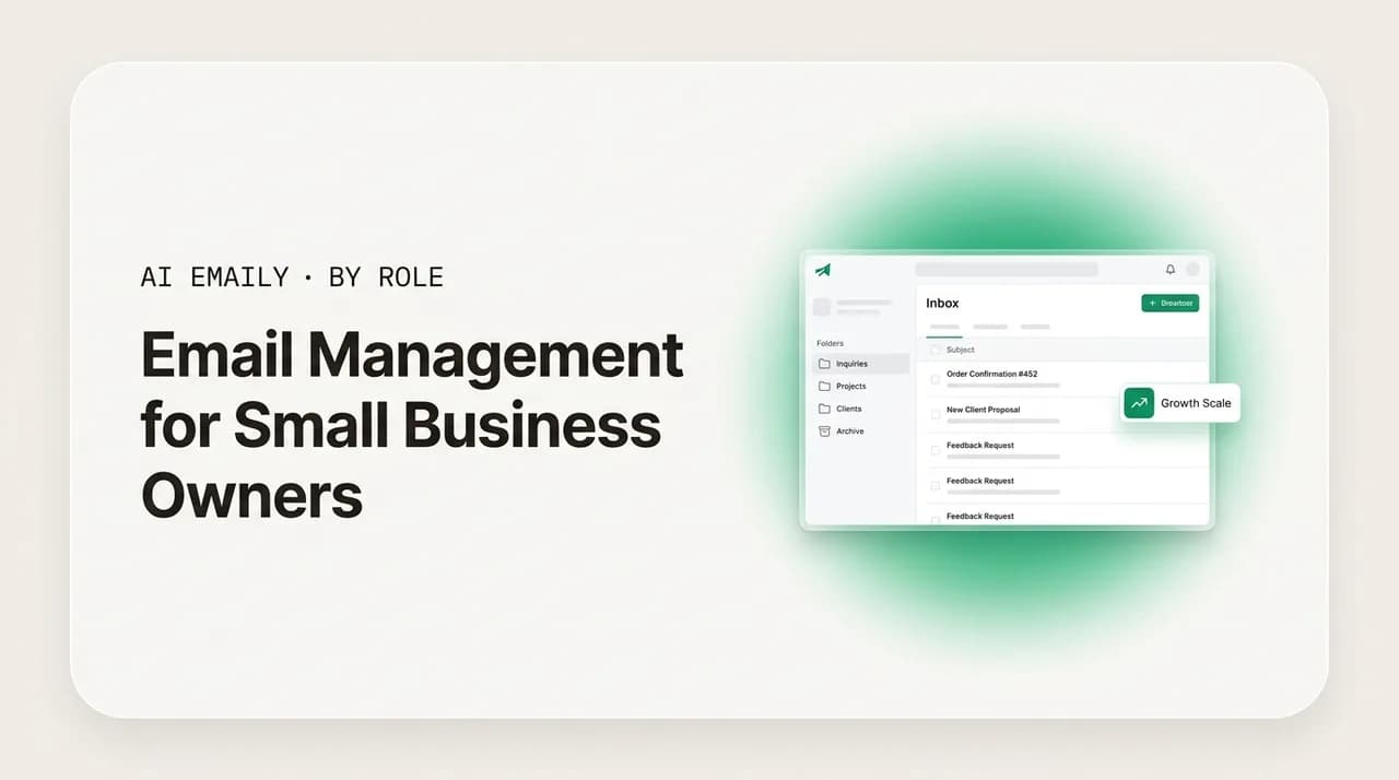 AI Emaily blog cover for email management for small business owners, showing a simple scalable inbox system