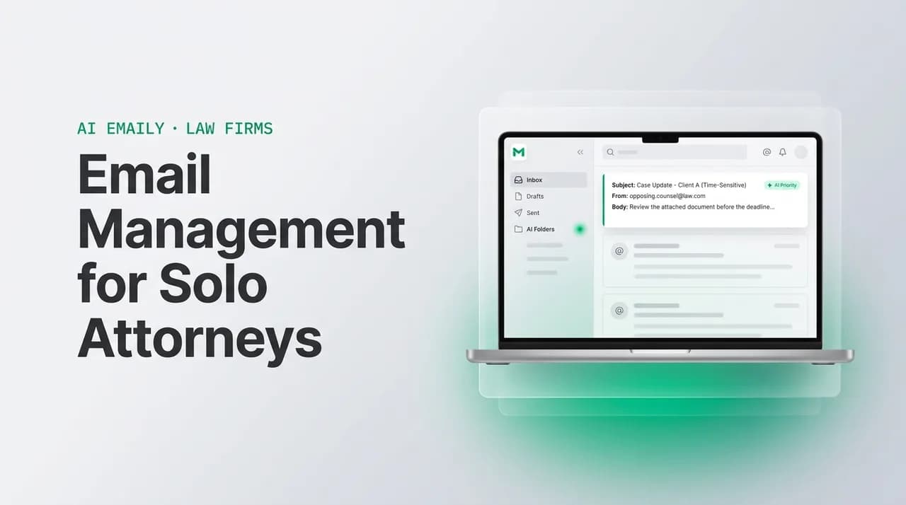 AI Emaily blog cover for email management for solo attorneys, showing an AI email client on a laptop with the headline Email Management for Solo Attorneys