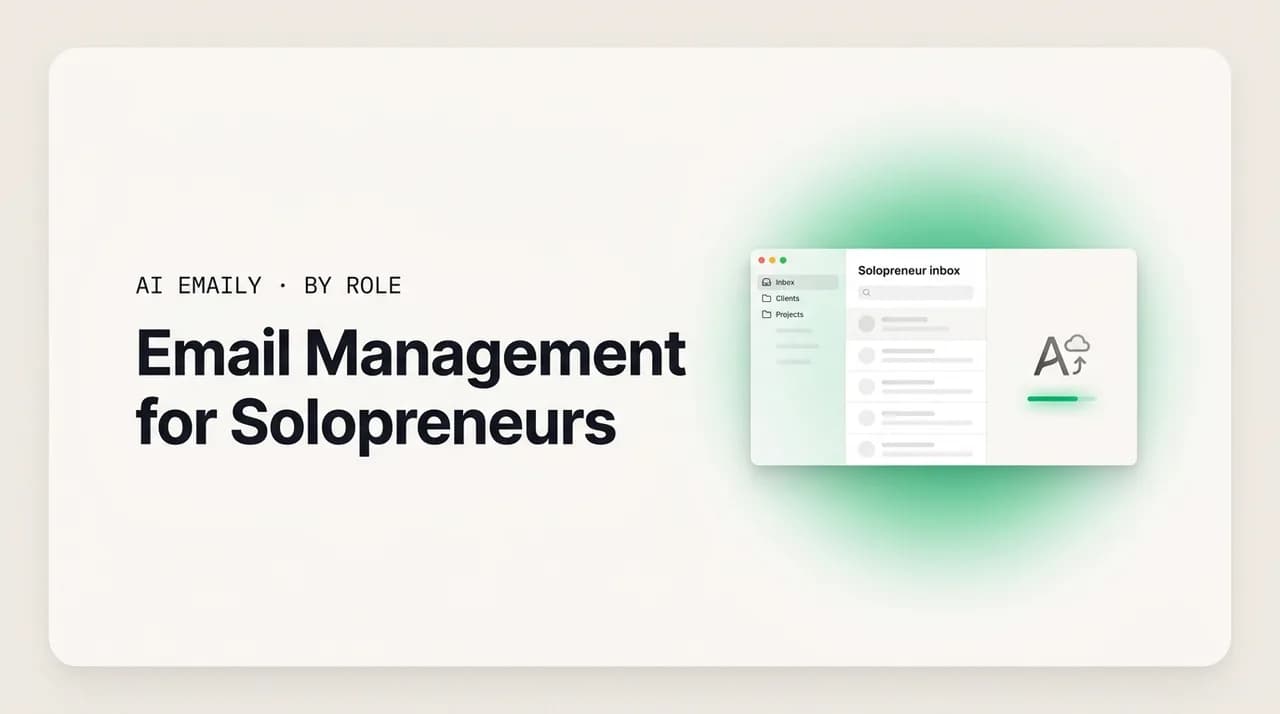 AI Emaily blog cover for email management for solopreneurs, showing a one-person inbox with AI backup