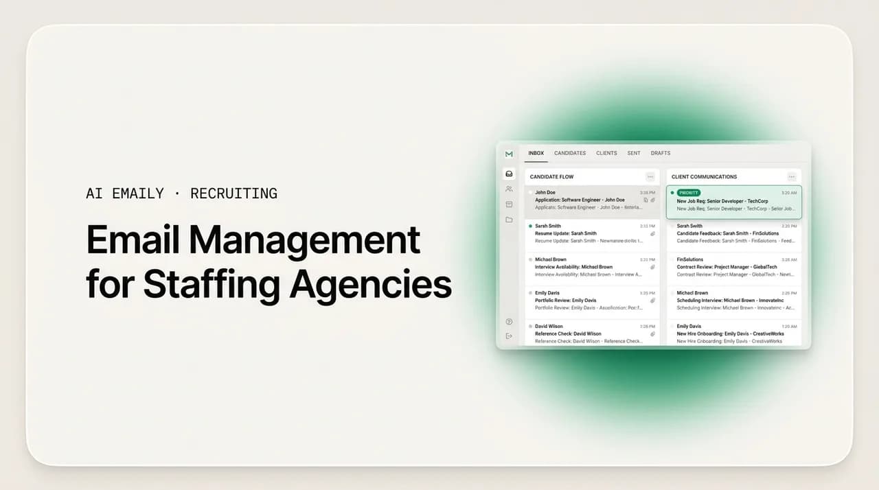 AI Emaily blog cover for email management for staffing agencies, showing a full-desk inbox organized
