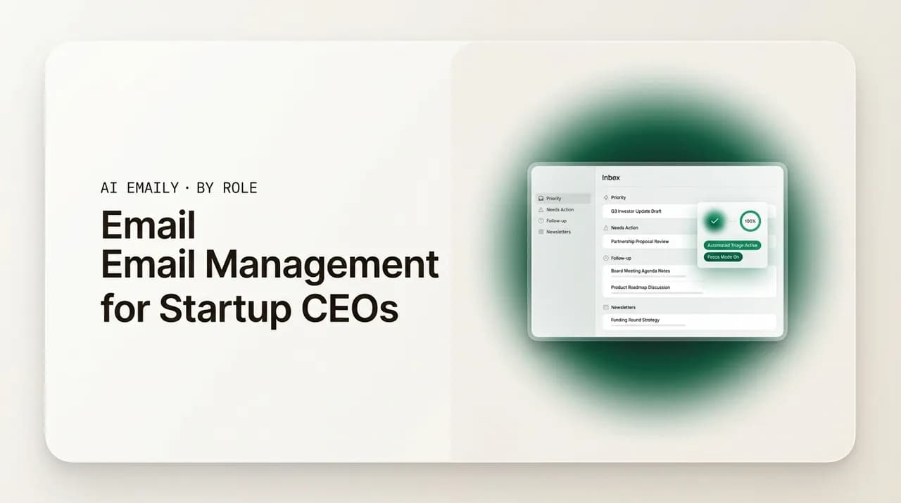 AI Emaily blog cover for email management for startup CEOs, showing a CEO inbox kept under control