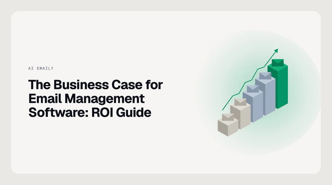 Illustration of an email management ROI worksheet with time-saved and cost-per-seat inputs feeding a payback-period result