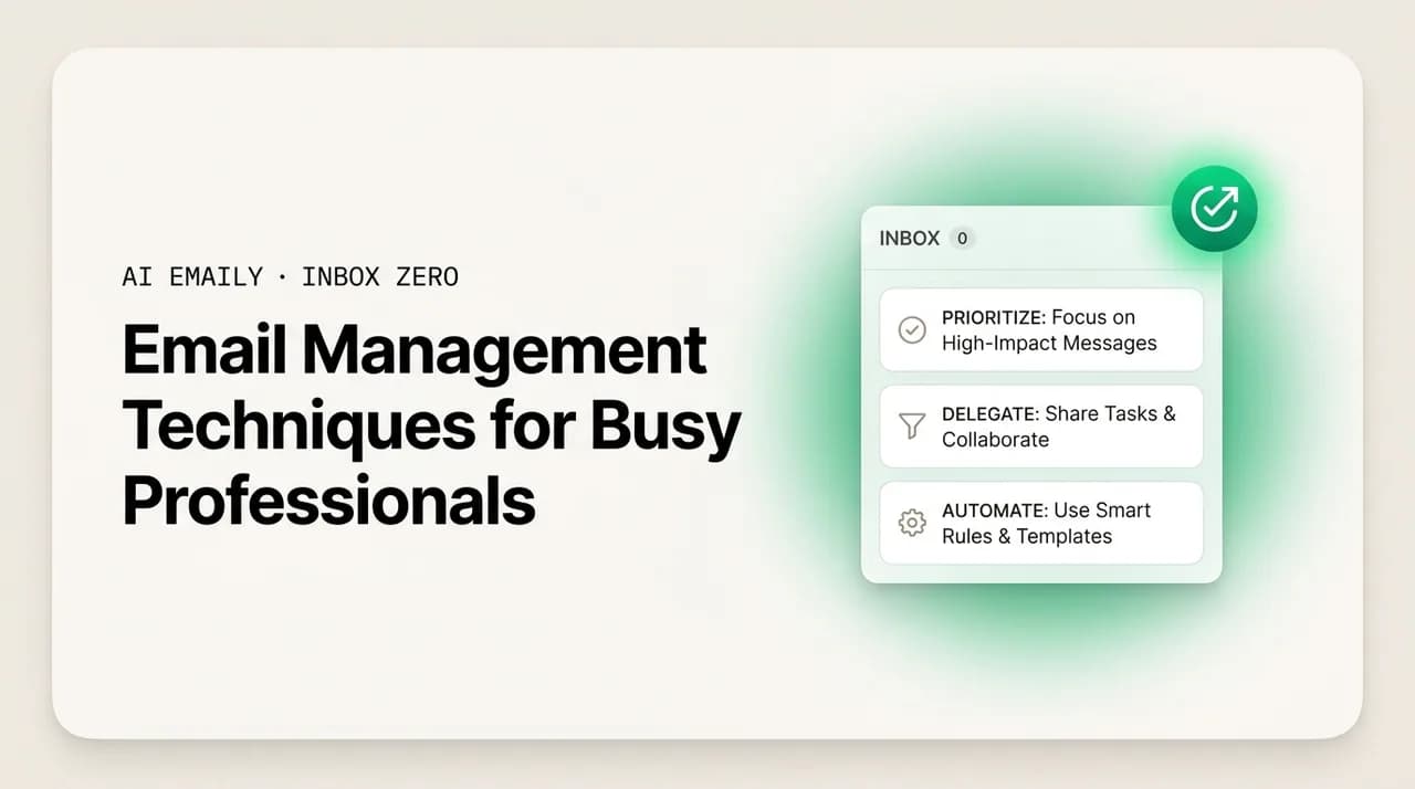 AI Emaily blog cover for email management techniques, showing a calm inbox with management technique cards