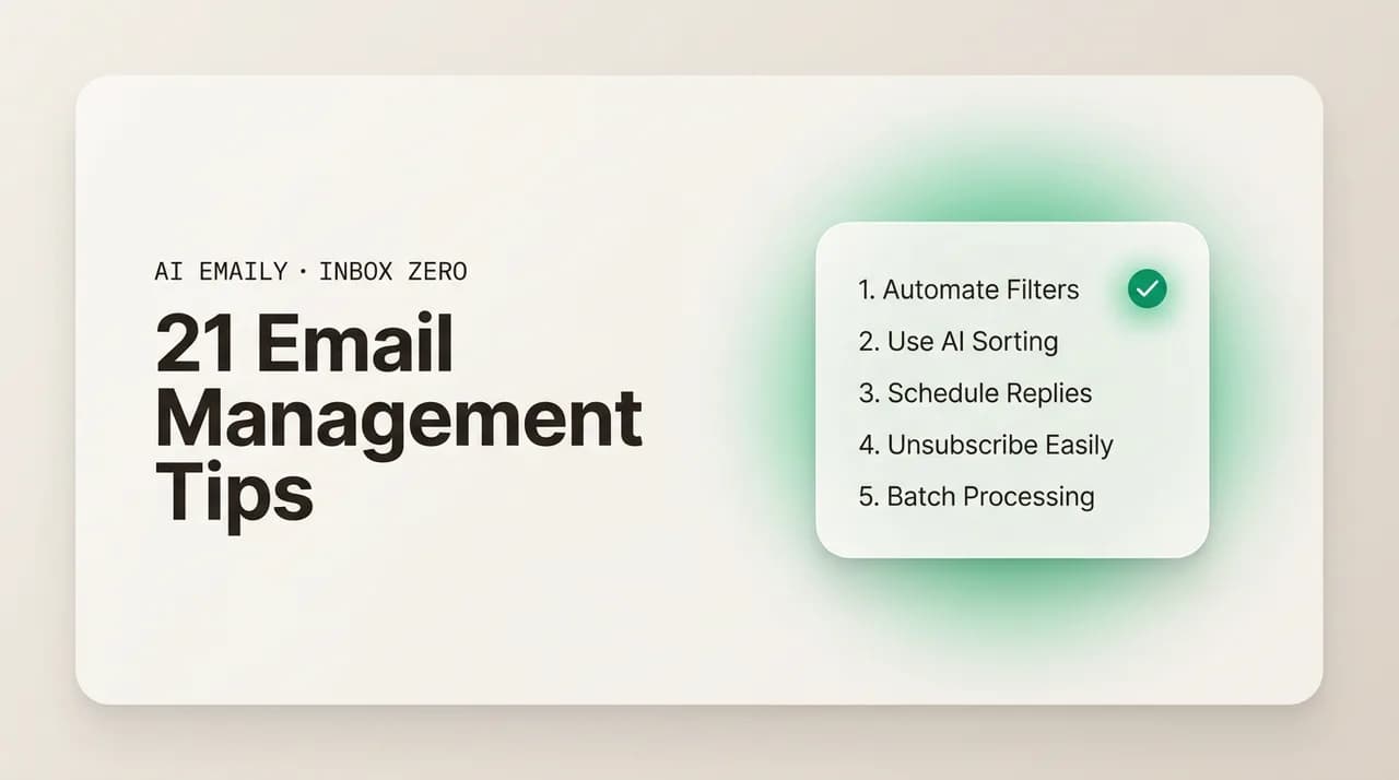 AI Emaily blog cover for email management tips, showing a numbered checklist beside a tidy inbox