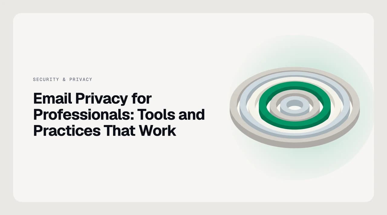 A layered diagram of email privacy tools for professionals in 2026 — mailbox encryption, tracking-pixel blocking, minimum OAuth scopes, zero-retention AI and alias services stacked in order of what each one actually defends against